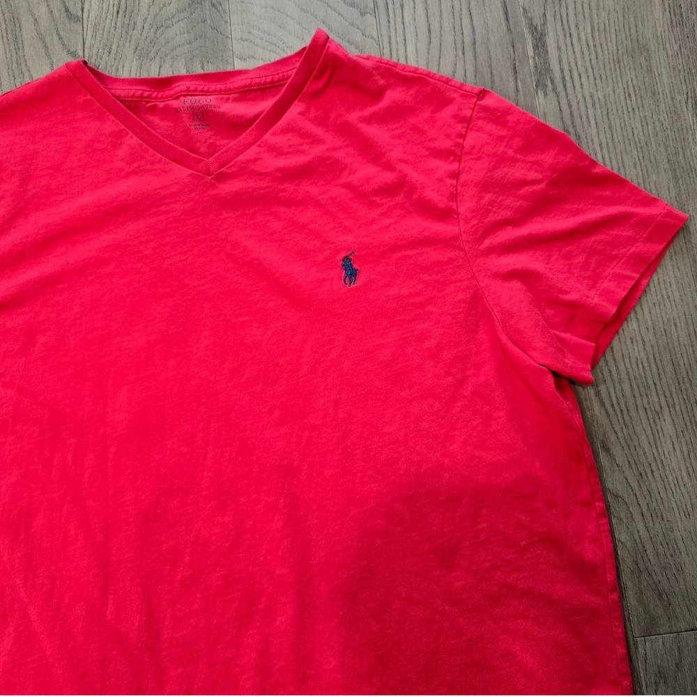 Polo Ralph Lauren Mens V-Neck T-Shirt Red Cotton Short Sleeve Pony Logo Large